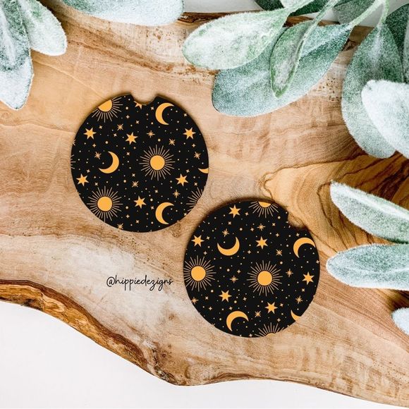 Boho Black Moon & Stars Car Coaster Set  | Witchy Car Accessories - Picture 1 of 11